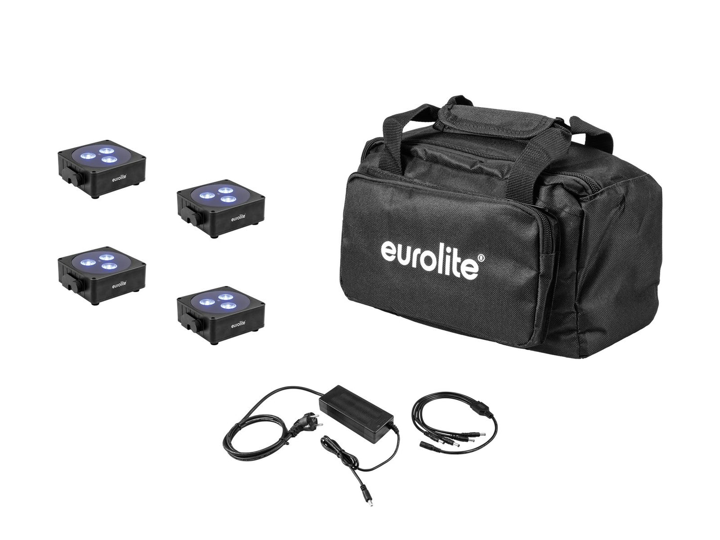 EUROLITE Set 4x AKKU Flat Light 3 sw + Ladenetzteil + Soft-Bag