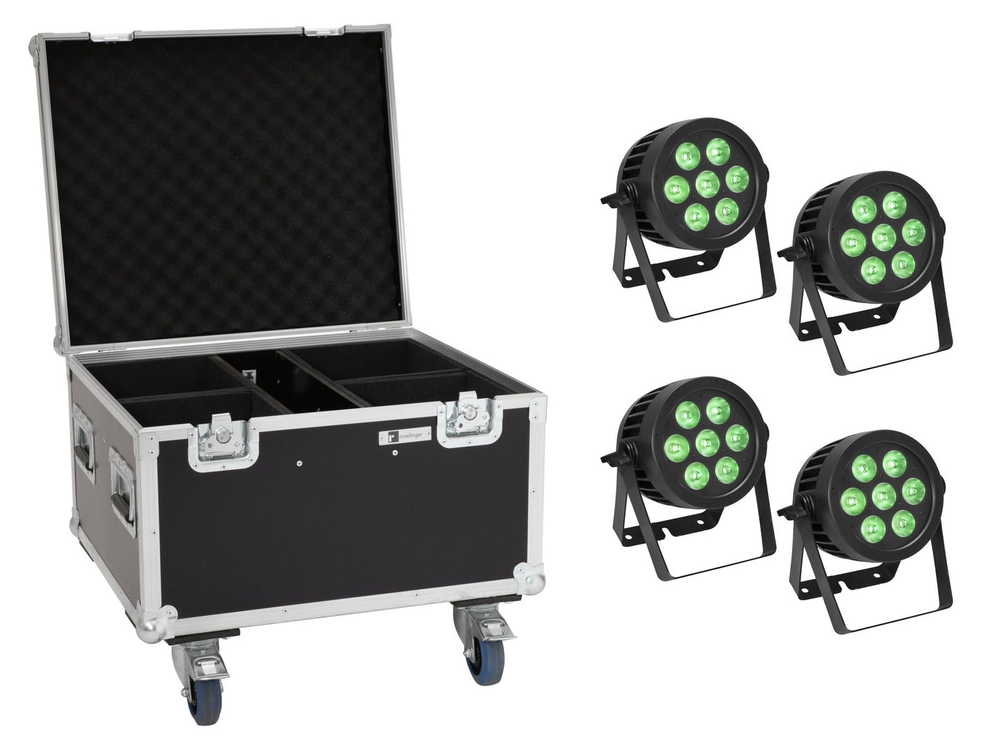 EUROLITE Set 4x LED IP PAR 7x9W SCL Spot + Case mit Rollen