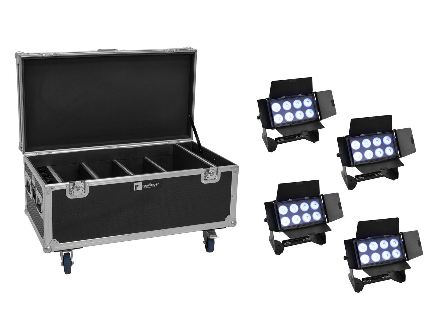 EUROLITE Set 4x AKKU Multiflood IP 8x10W RGBW Wash CRMX + Case mit Ladefunktion